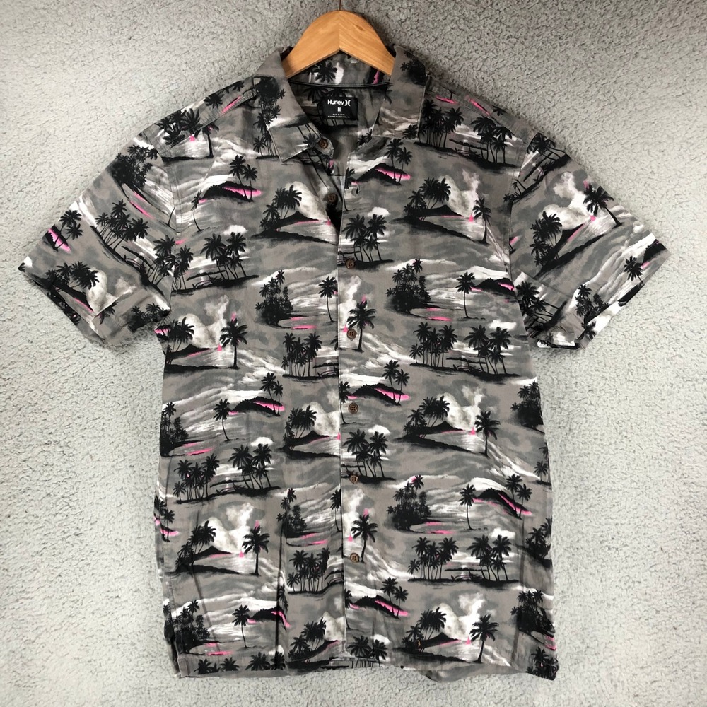 Hurley Mens Short Sleeve Button Down Shirt Gray Pink Tropical Island Palm Tree M - Picture 1 of 10